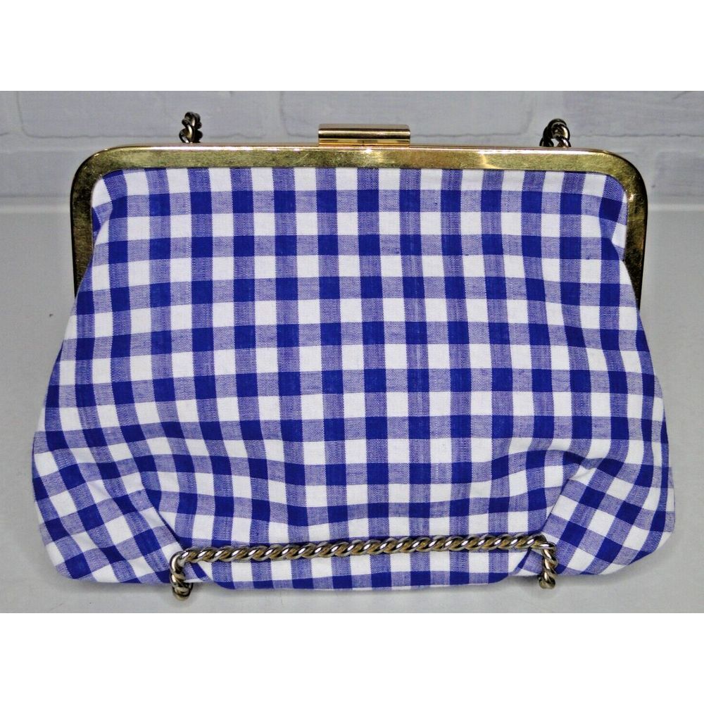 J.Crew Gingham Framed Clutch H8454‎ Blue and White Gingham Pattern Handbag